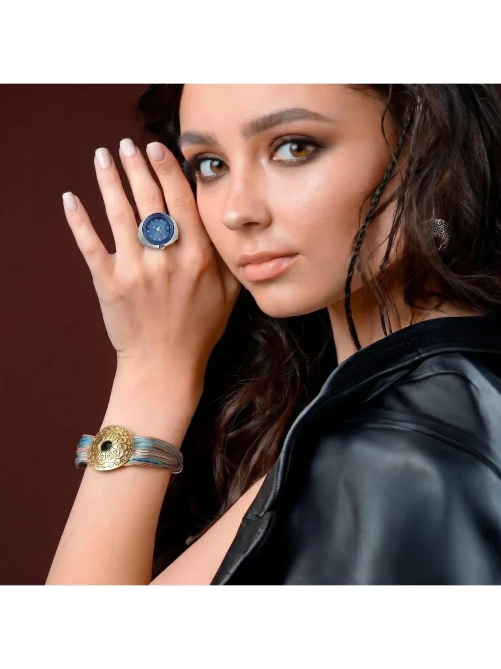 Women's Silver /Deep Blue Adjustable Ring Quartz Analog Mini Dial Wrist Watches